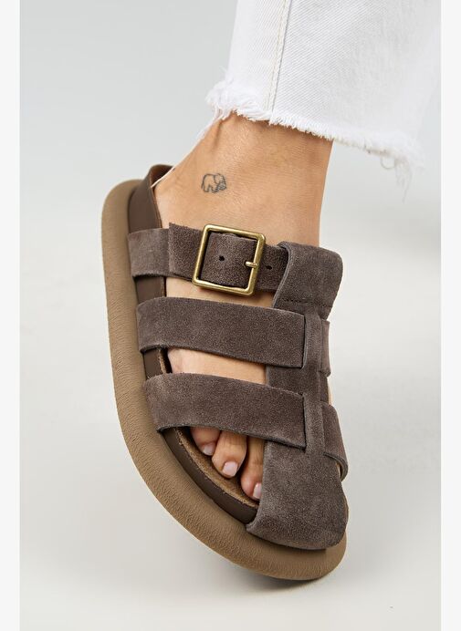 Manijero Brancato Kadın Hakiki Deri Tokalı Bantlı Sabo Kahve Terlik - Görsel 6