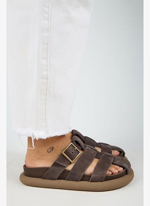 Manijero Brancato Kadın Hakiki Deri Tokalı Bantlı Sabo Kahve Terlik - Görsel 3