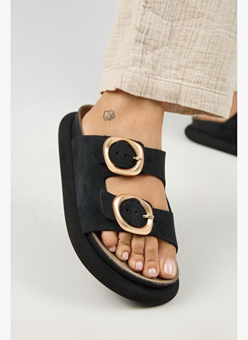 Manijero Narducci Kadın Hakiki Deri Çift Tokalı Siyah Terlik - Görsel 5