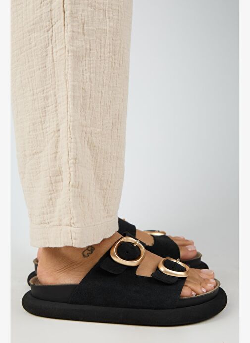 Manijero Narducci Kadın Hakiki Deri Çift Tokalı Siyah Terlik - Görsel 3