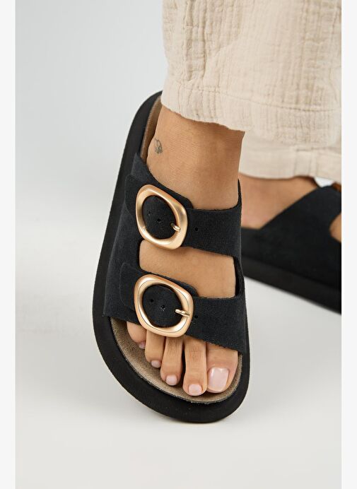 Manijero Narducci Kadın Hakiki Deri Çift Tokalı Siyah Terlik - Görsel 6