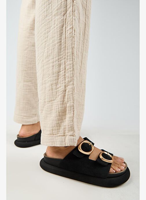 Manijero Narducci Kadın Hakiki Deri Çift Tokalı Siyah Terlik - Görsel 7