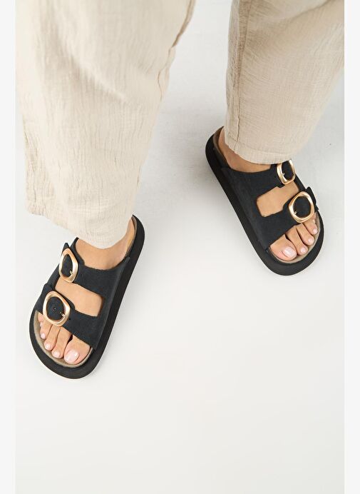 Manijero Narducci Kadın Hakiki Deri Çift Tokalı Siyah Terlik - Görsel 8