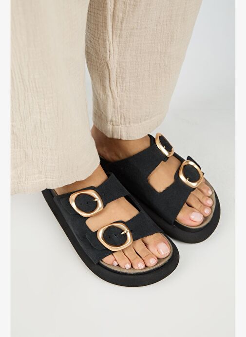 Manijero Narducci Kadın Hakiki Deri Çift Tokalı Siyah Terlik - Görsel 4