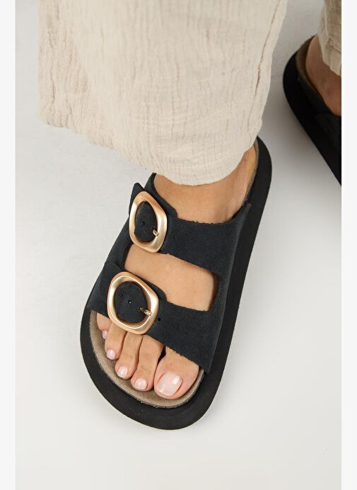 Manijero Narducci Kadın Hakiki Deri Çift Tokalı Siyah Terlik - Görsel 2