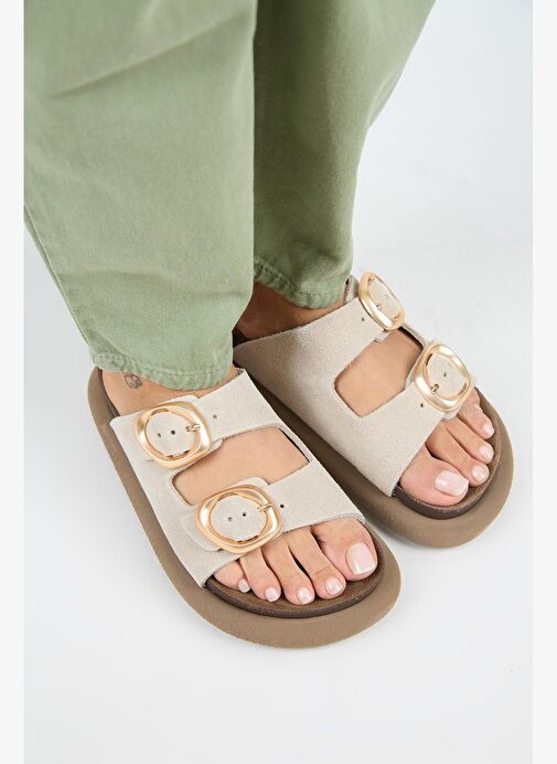 Manijero Narducci Kadın Hakiki Deri Çift Tokalı Bej Terlik - Görsel 4