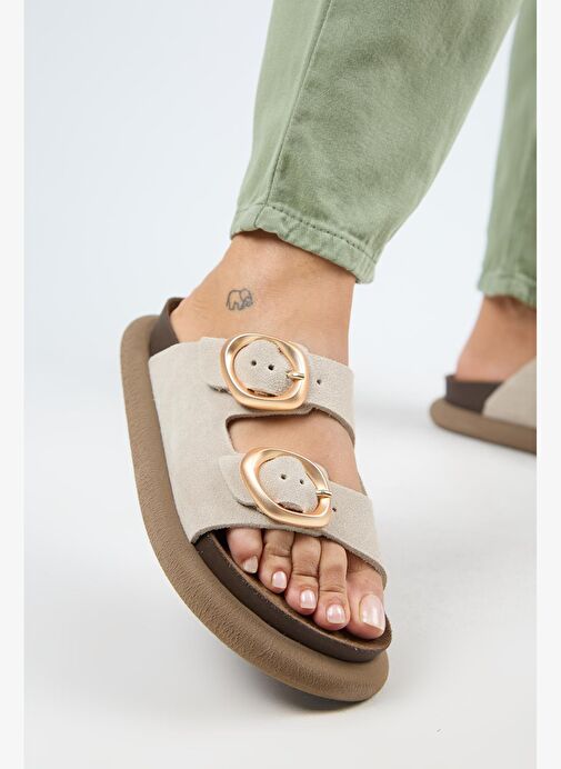 Manijero Narducci Kadın Hakiki Deri Çift Tokalı Bej Terlik - Görsel 2