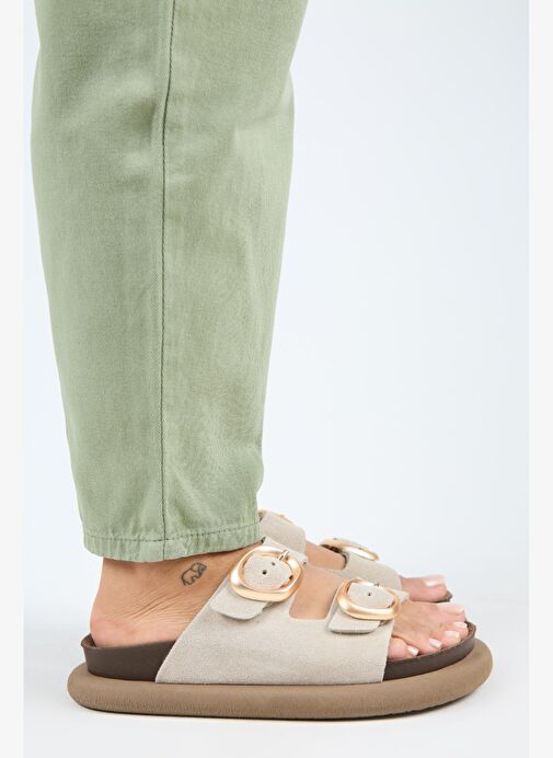 Manijero Narducci Kadın Hakiki Deri Çift Tokalı Bej Terlik - Görsel 3