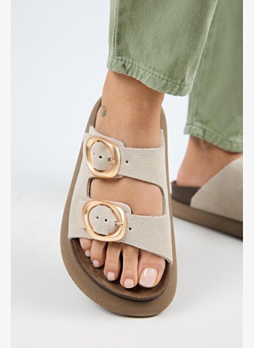 Manijero Narducci Kadın Hakiki Deri Çift Tokalı Bej Terlik - Görsel 6