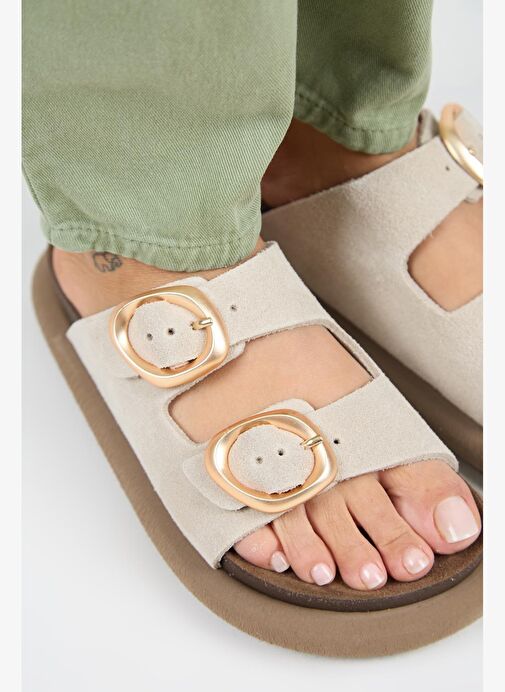 Manijero Narducci Kadın Hakiki Deri Çift Tokalı Bej Terlik - Görsel 5