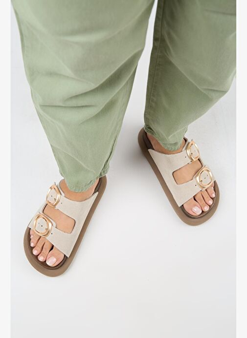 Manijero Narducci Kadın Hakiki Deri Çift Tokalı Bej Terlik - Görsel 8