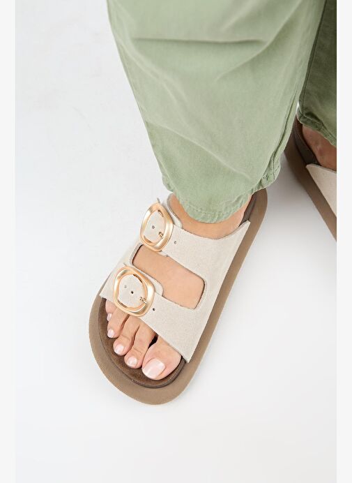 Manijero Narducci Kadın Hakiki Deri Çift Tokalı Bej Terlik - Görsel 9