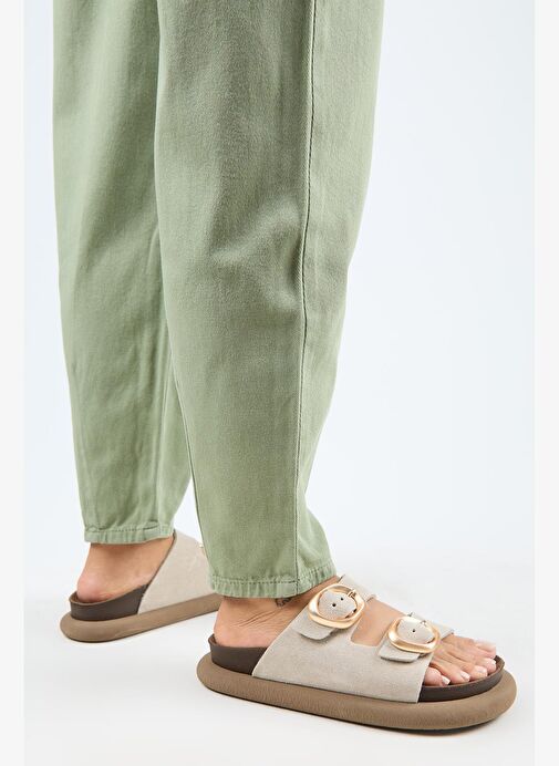 Manijero Narducci Kadın Hakiki Deri Çift Tokalı Bej Terlik - Görsel 7