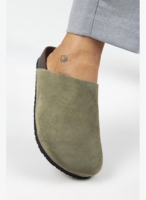 Manijero Ruzqahi Kadın Deri Hakiki Deri Düz Sabo Haki Terlik - Görsel 5