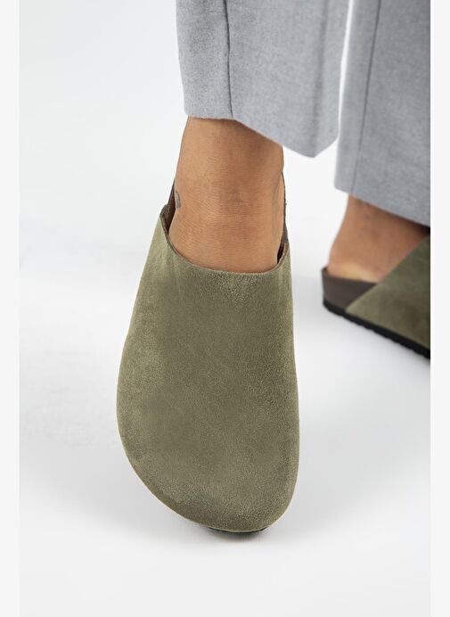 Manijero Ruzqahi Kadın Deri Hakiki Deri Düz Sabo Haki Terlik - Görsel 6