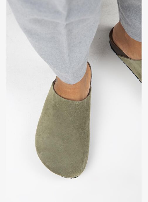 Manijero Ruzqahi Kadın Deri Hakiki Deri Düz Sabo Haki Terlik - Görsel 9