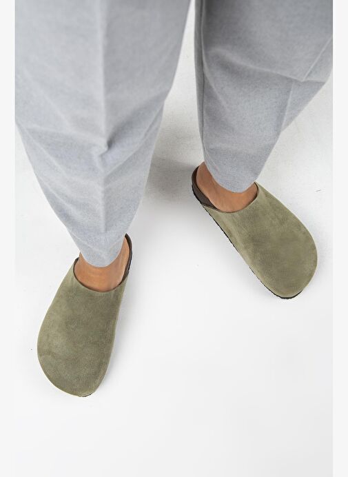 Manijero Ruzqahi Kadın Deri Hakiki Deri Düz Sabo Haki Terlik - Görsel 8