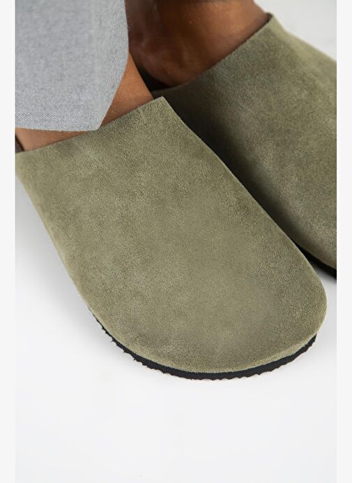 Manijero Ruzqahi Kadın Deri Hakiki Deri Düz Sabo Haki Terlik - Görsel 4