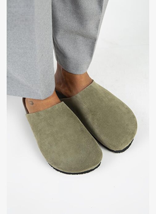 Manijero Ruzqahi Kadın Deri Hakiki Deri Düz Sabo Haki Terlik - Görsel 3