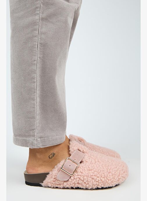 Manijero Suzen Teddy Kadın Kürklü Hakiki Deri Kemerli Tokalı Pudra Terlik - Görsel 2