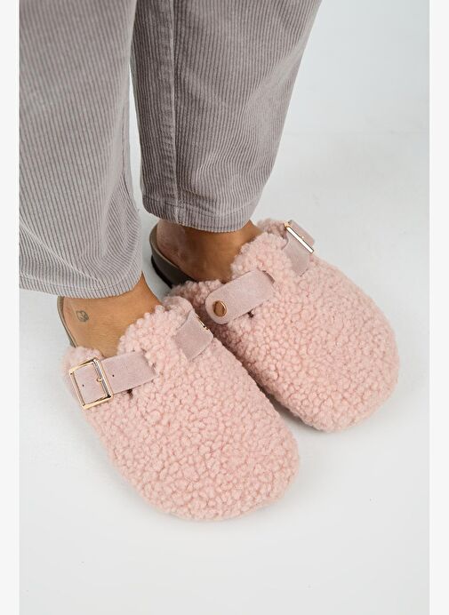 Manijero Suzen Teddy Kadın Kürklü Hakiki Deri Kemerli Tokalı Pudra Terlik - Görsel 3