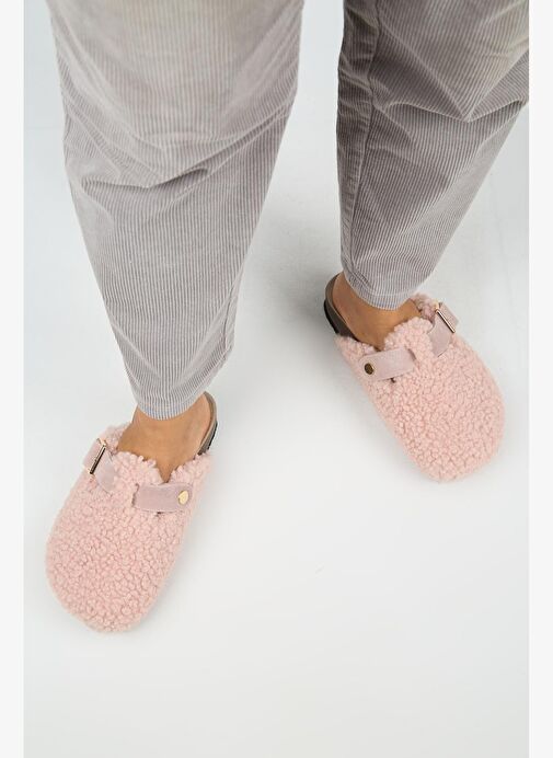 Manijero Suzen Teddy Kadın Kürklü Hakiki Deri Kemerli Tokalı Pudra Terlik - Görsel 8