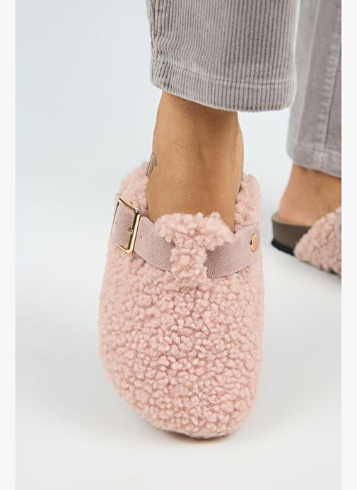 Manijero Suzen Teddy Kadın Kürklü Hakiki Deri Kemerli Tokalı Pudra Terlik - Görsel 6
