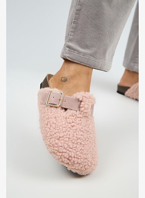 Manijero Suzen Teddy Kadın Kürklü Hakiki Deri Kemerli Tokalı Pudra Terlik - Görsel 5