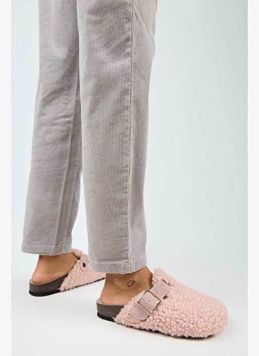 Manijero Suzen Teddy Kadın Kürklü Hakiki Deri Kemerli Tokalı Pudra Terlik - Görsel 7