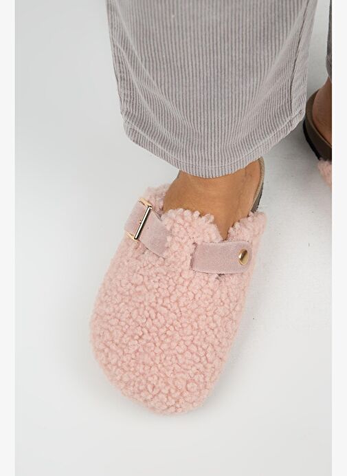 Manijero Suzen Teddy Kadın Kürklü Hakiki Deri Kemerli Tokalı Pudra Terlik - Görsel 9