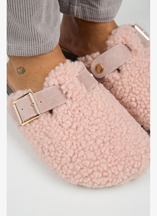 Manijero Suzen Teddy Kadın Kürklü Hakiki Deri Kemerli Tokalı Pudra Terlik - Görsel 4