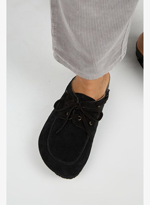 Manijero Karis Kadın Hakiki Deri Bağcıklı Sabo Siyah Terlik - Görsel 9