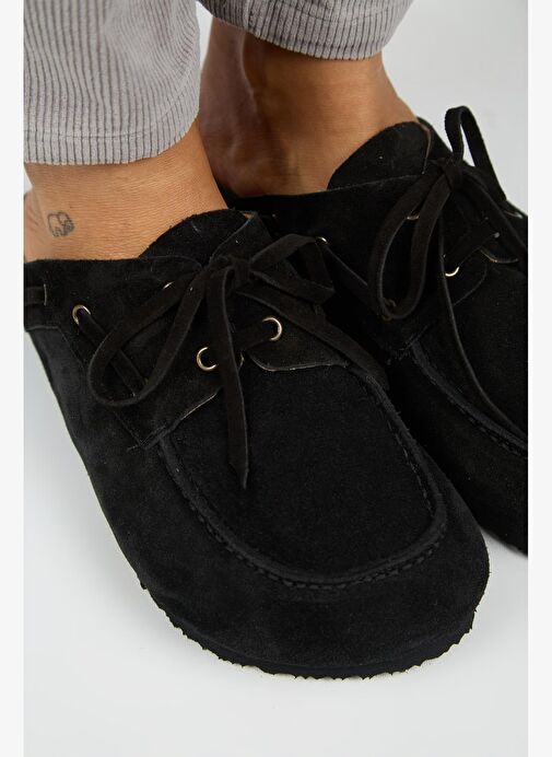 Manijero Karis Kadın Hakiki Deri Bağcıklı Sabo Siyah Terlik - Görsel 4