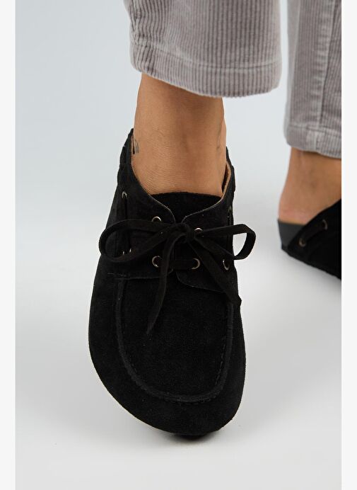 Manijero Karis Kadın Hakiki Deri Bağcıklı Sabo Siyah Terlik - Görsel 6