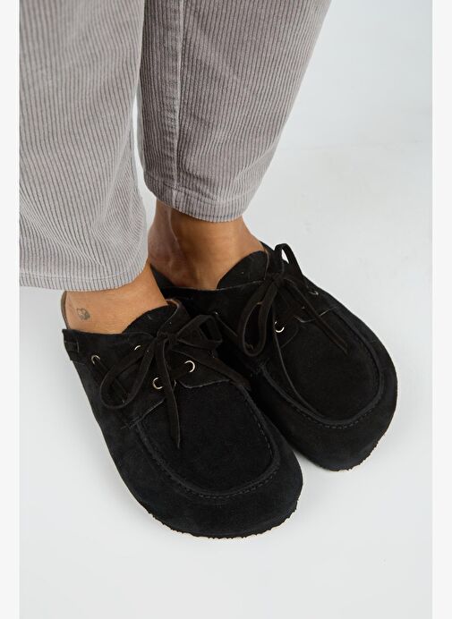 Manijero Karis Kadın Hakiki Deri Bağcıklı Sabo Siyah Terlik - Görsel 3