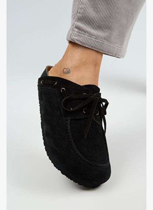 Manijero Karis Kadın Hakiki Deri Bağcıklı Sabo Siyah Terlik - Görsel 5