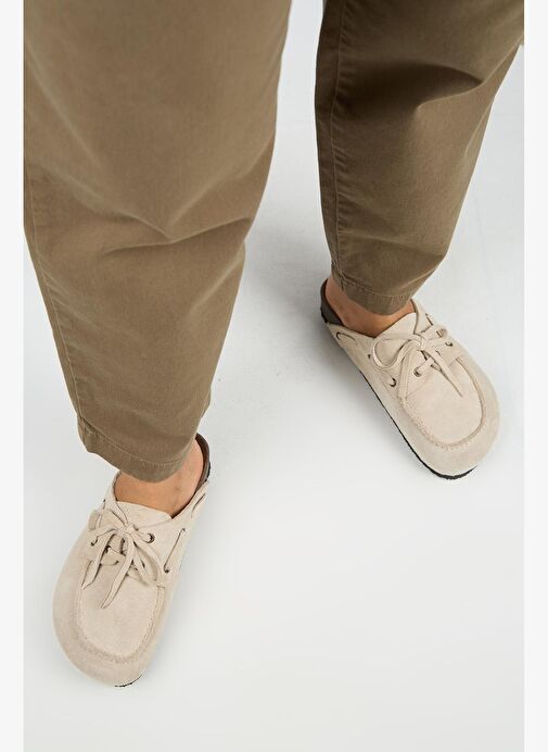 Manijero Karis Kadın Hakiki Deri Bağcıklı Sabo Bej Terlik - Görsel 8