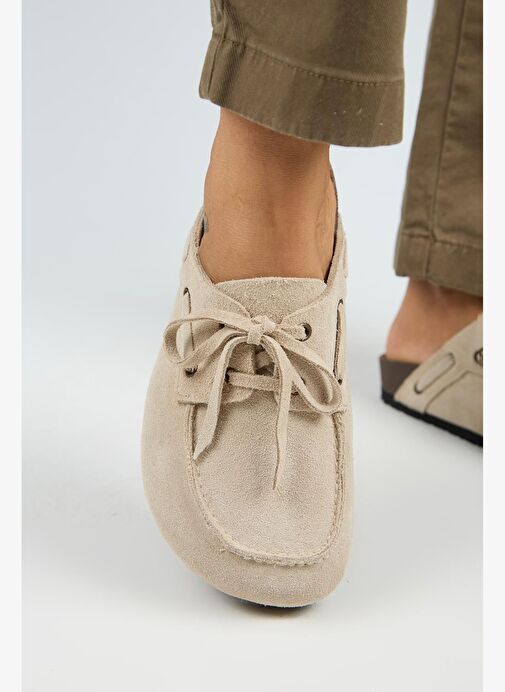 Manijero Karis Kadın Hakiki Deri Bağcıklı Sabo Bej Terlik - Görsel 7