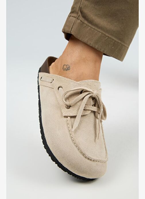 Manijero Karis Kadın Hakiki Deri Bağcıklı Sabo Bej Terlik - Görsel 6