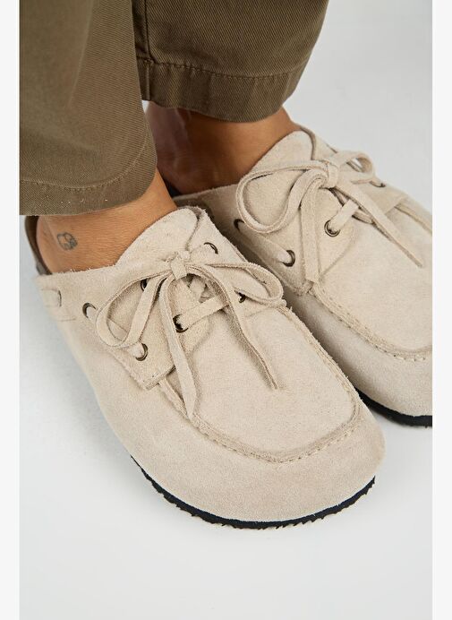 Manijero Karis Kadın Hakiki Deri Bağcıklı Sabo Bej Terlik - Görsel 5