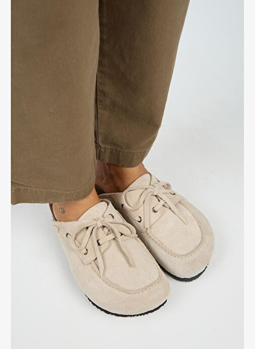 Manijero Karis Kadın Hakiki Deri Bağcıklı Sabo Bej Terlik - Görsel 4