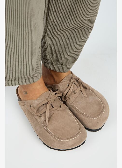 Manijero Karis Kadın Hakiki Deri Bağcıklı Sabo Vizon Terlik - Görsel 2