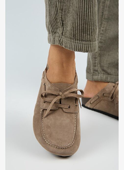 Manijero Karis Kadın Hakiki Deri Bağcıklı Sabo Vizon Terlik - Görsel 6