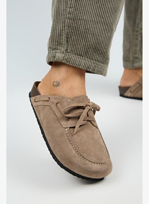 Manijero Karis Kadın Hakiki Deri Bağcıklı Sabo Vizon Terlik - Görsel 5