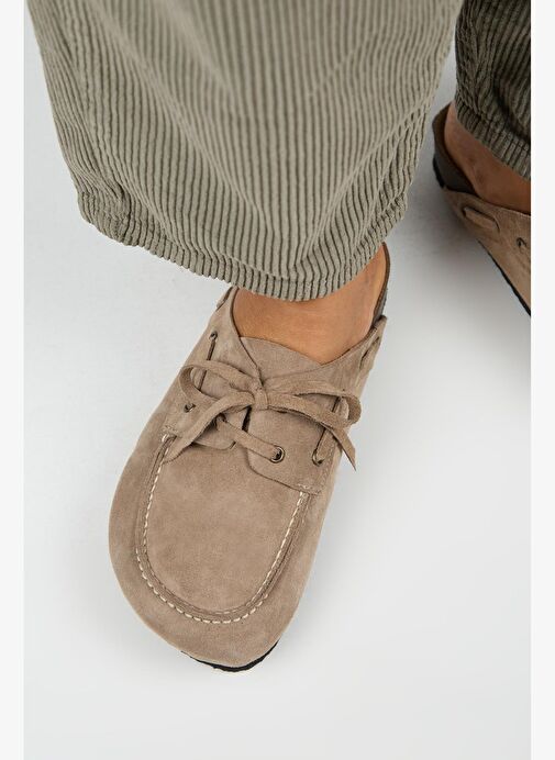 Manijero Karis Kadın Hakiki Deri Bağcıklı Sabo Vizon Terlik - Görsel 9