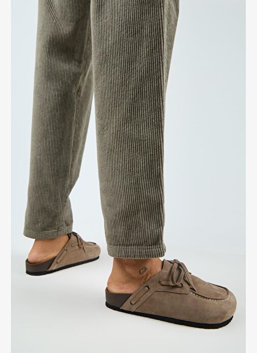 Manijero Karis Kadın Hakiki Deri Bağcıklı Sabo Vizon Terlik - Görsel 7