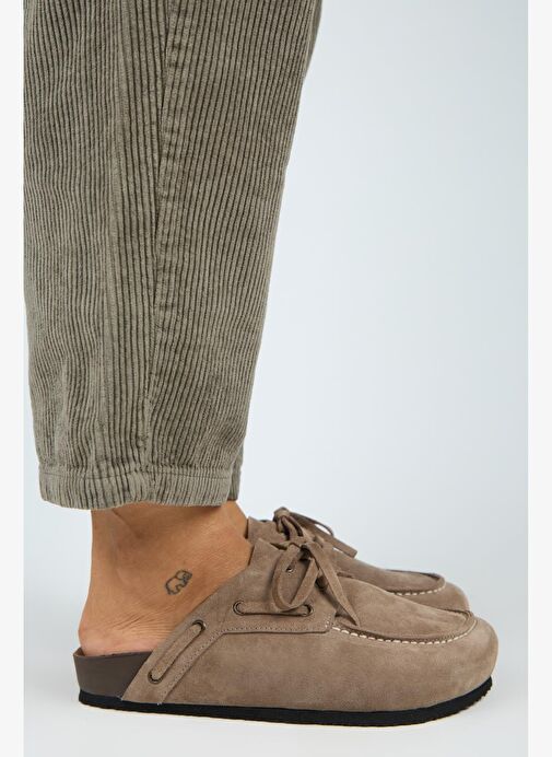 Manijero Karis Kadın Hakiki Deri Bağcıklı Sabo Vizon Terlik - Görsel 3