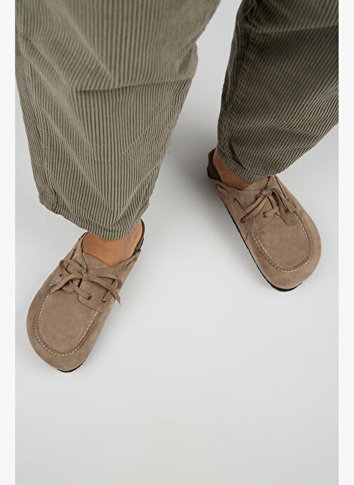 Manijero Karis Kadın Hakiki Deri Bağcıklı Sabo Vizon Terlik - Görsel 8