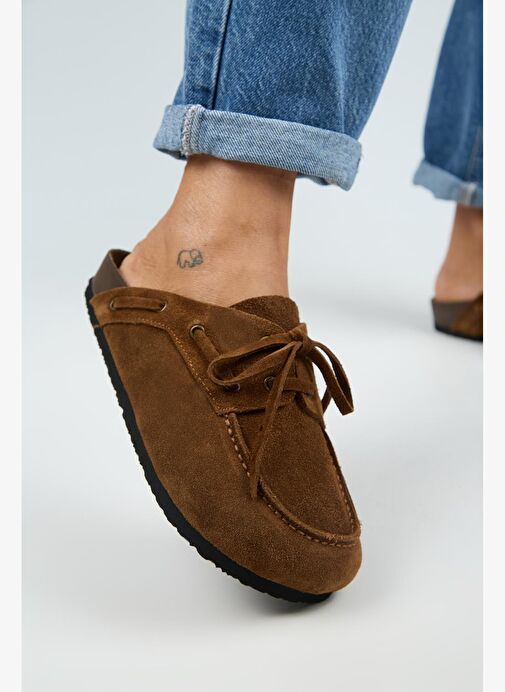 Manijero Karis Kadın Hakiki Deri Bağcıklı Sabo Taba Terlik - Görsel 2