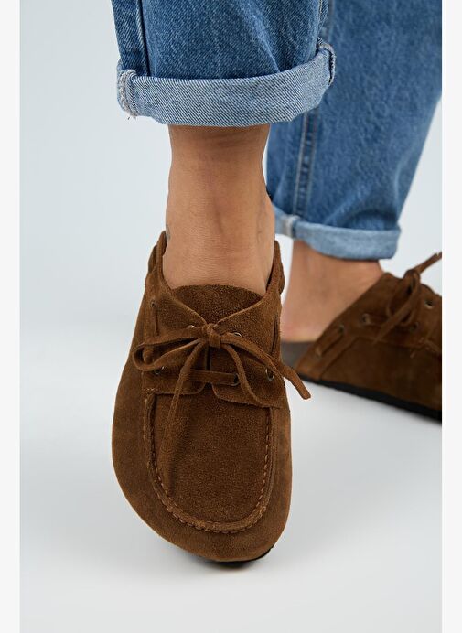 Manijero Karis Kadın Hakiki Deri Bağcıklı Sabo Taba Terlik - Görsel 6